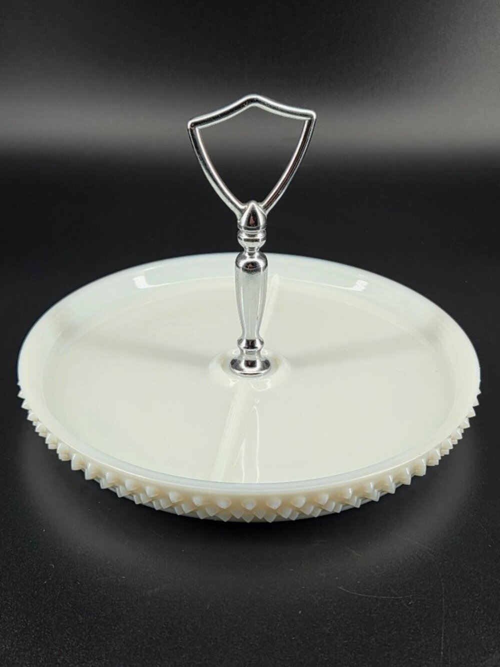 Fenton White Milk Glass Hobnail Divided Condiment Tray Silver Handle Mid Century